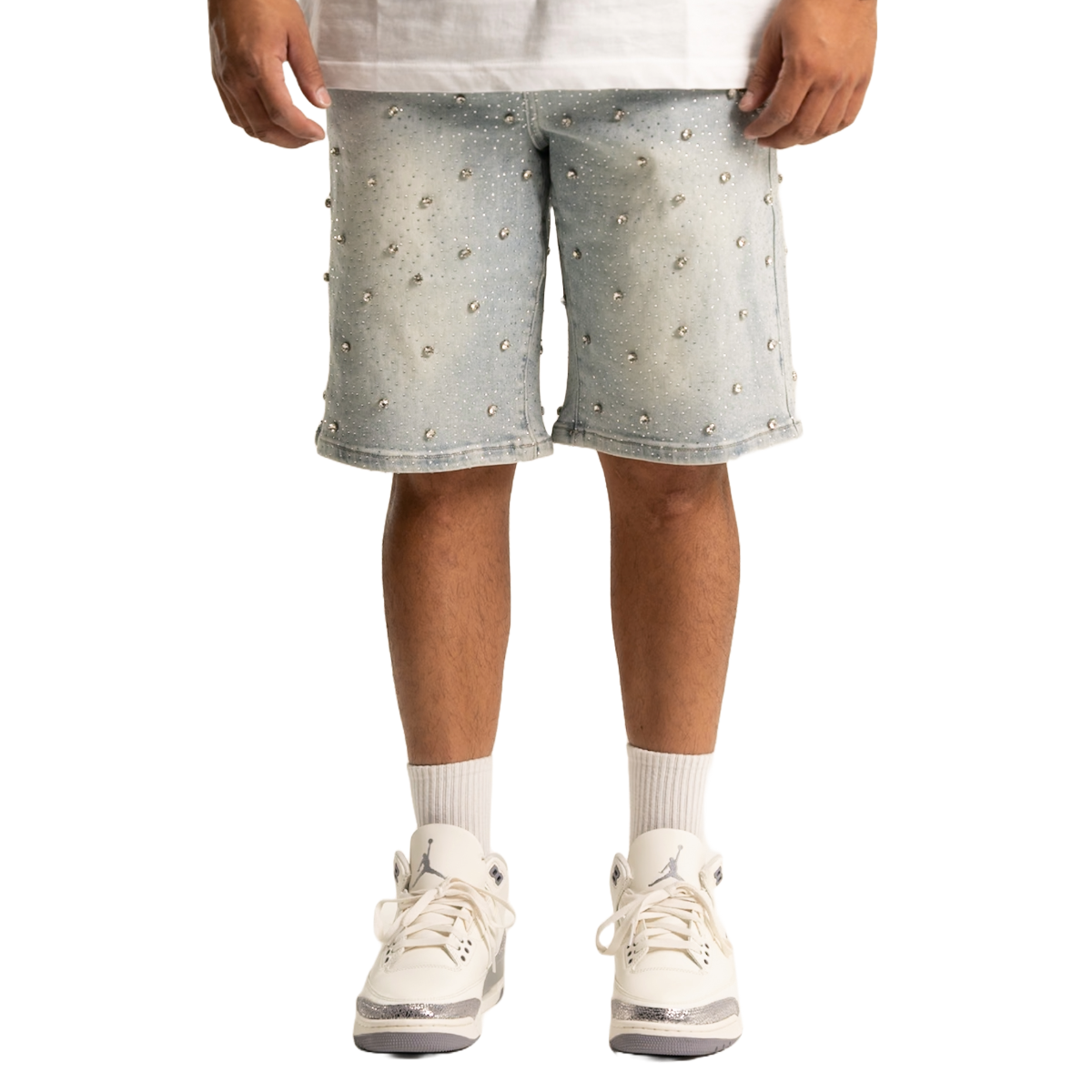 'EMBELLISHED' BLUE DENIM JEAN SHORTS