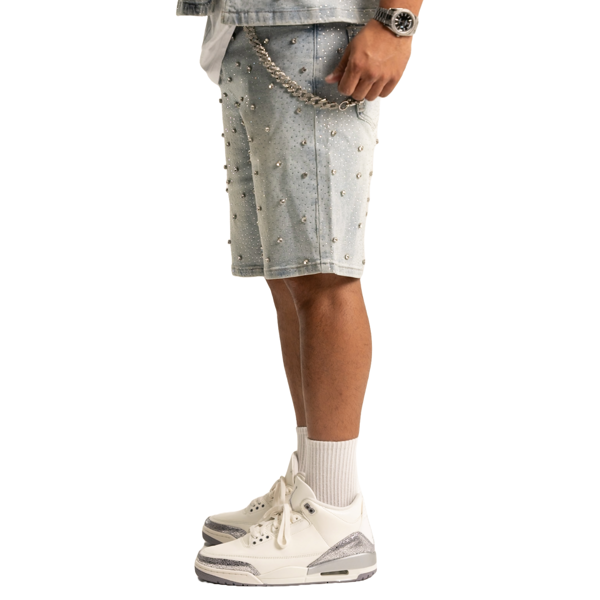 'EMBELLISHED' BLUE DENIM JEAN SHORTS