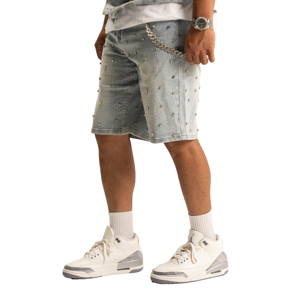 'EMBELLISHED' BLUE DENIM JEAN SHORTS