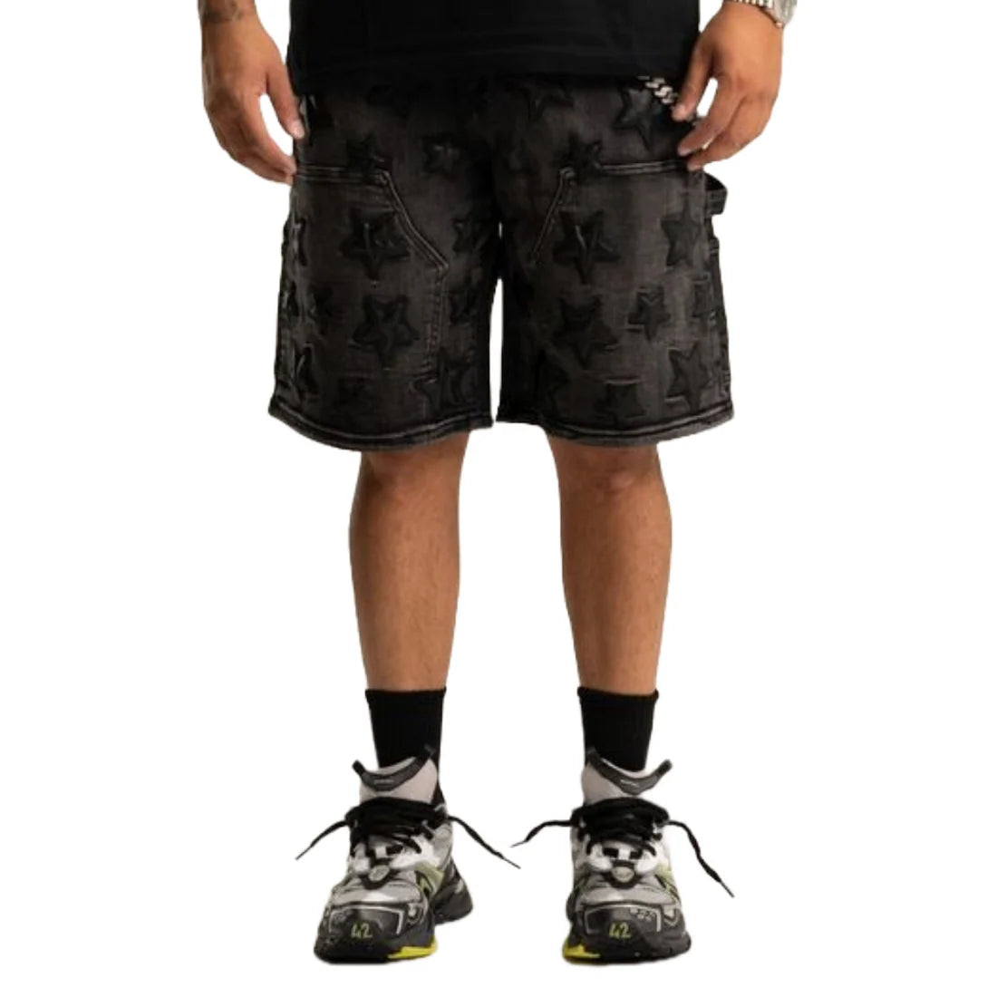 'STARS' WASH BLACK DENIM SHORT