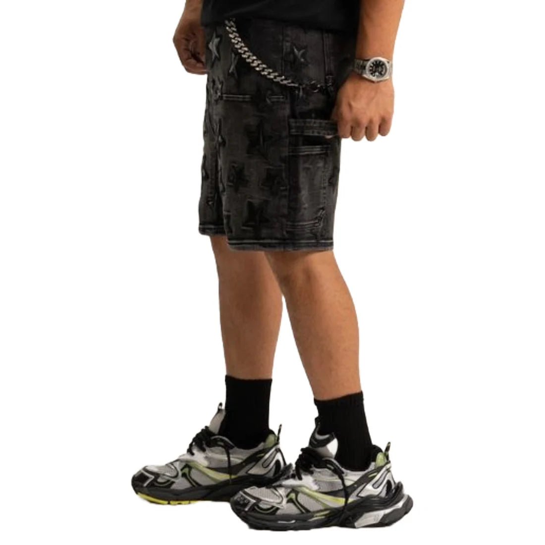 'STARS' WASH BLACK DENIM SHORT