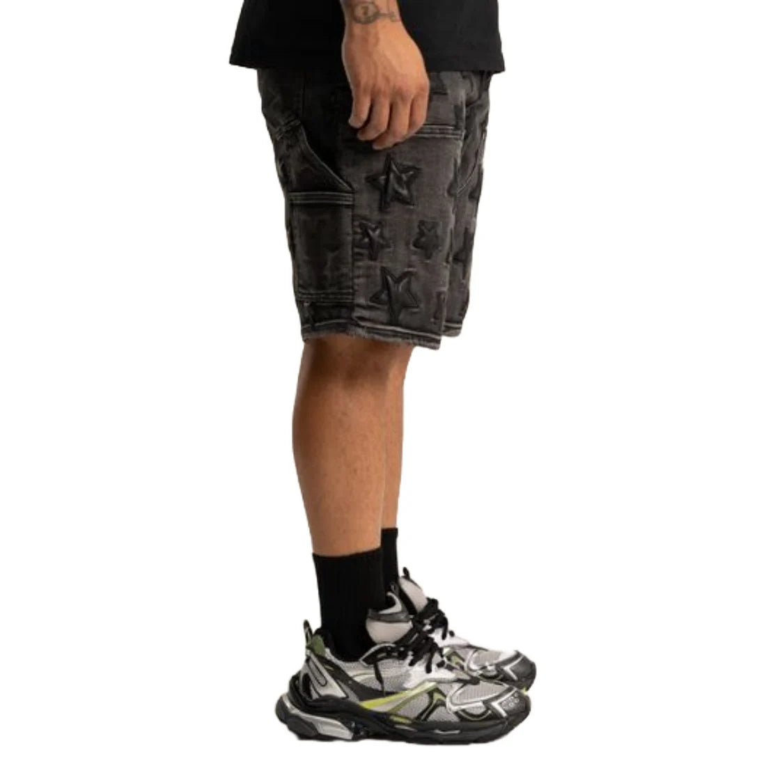 'STARS' WASH BLACK DENIM SHORT