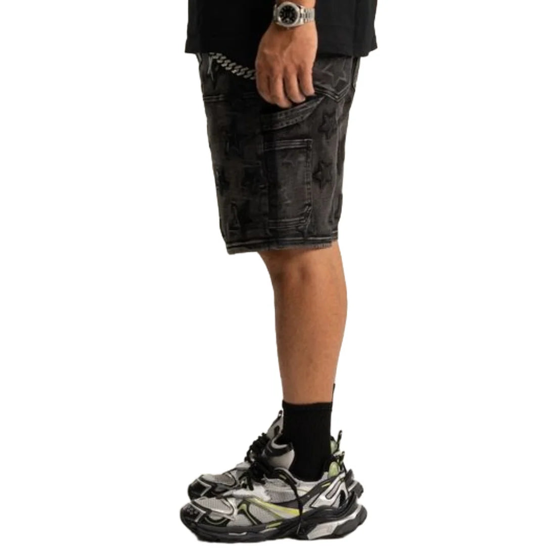 'STARS' WASH BLACK DENIM SHORT