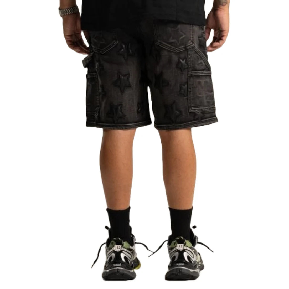 'STARS' WASH BLACK DENIM SHORT