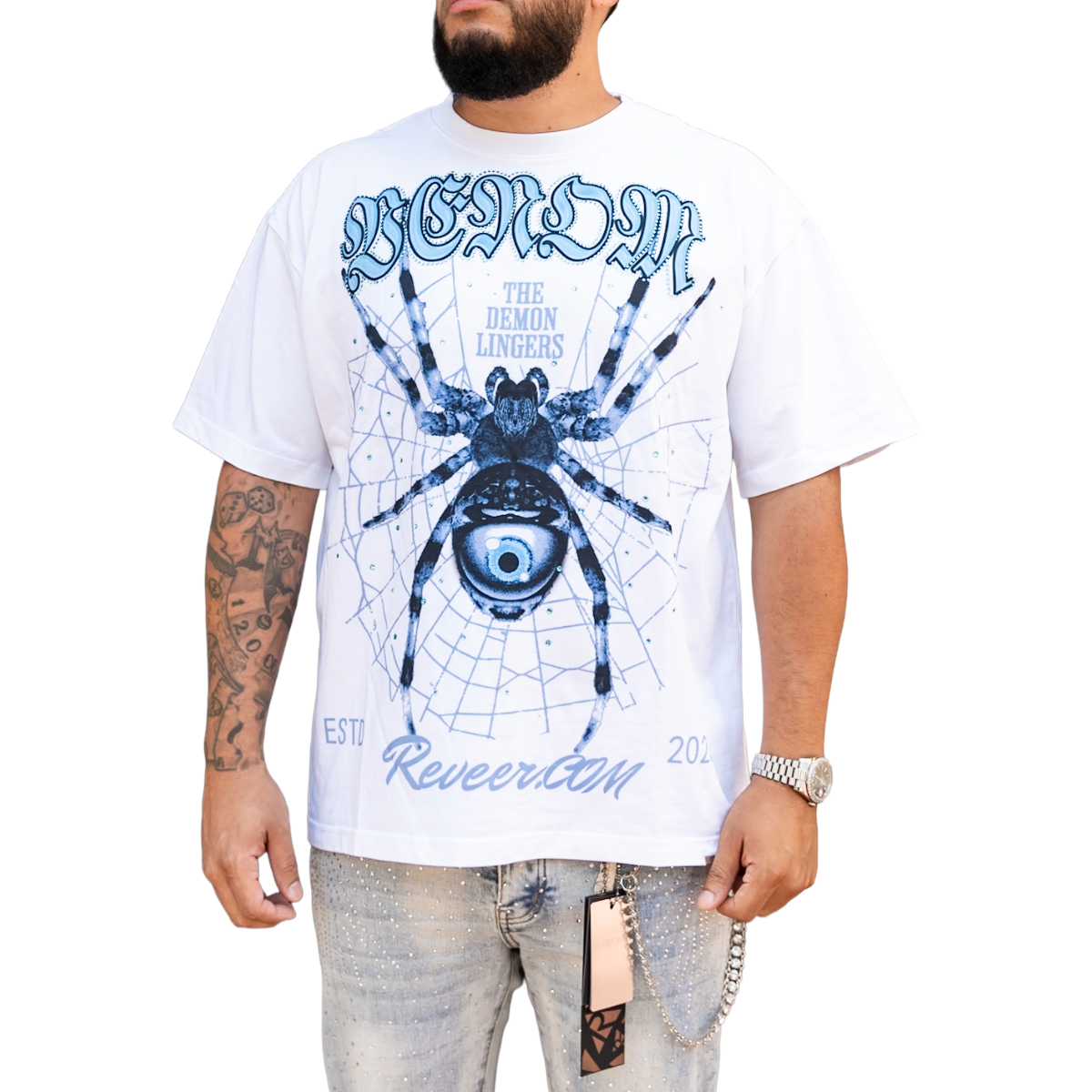 'SPIDER' RHINESTONE TEE - WHT/BLU