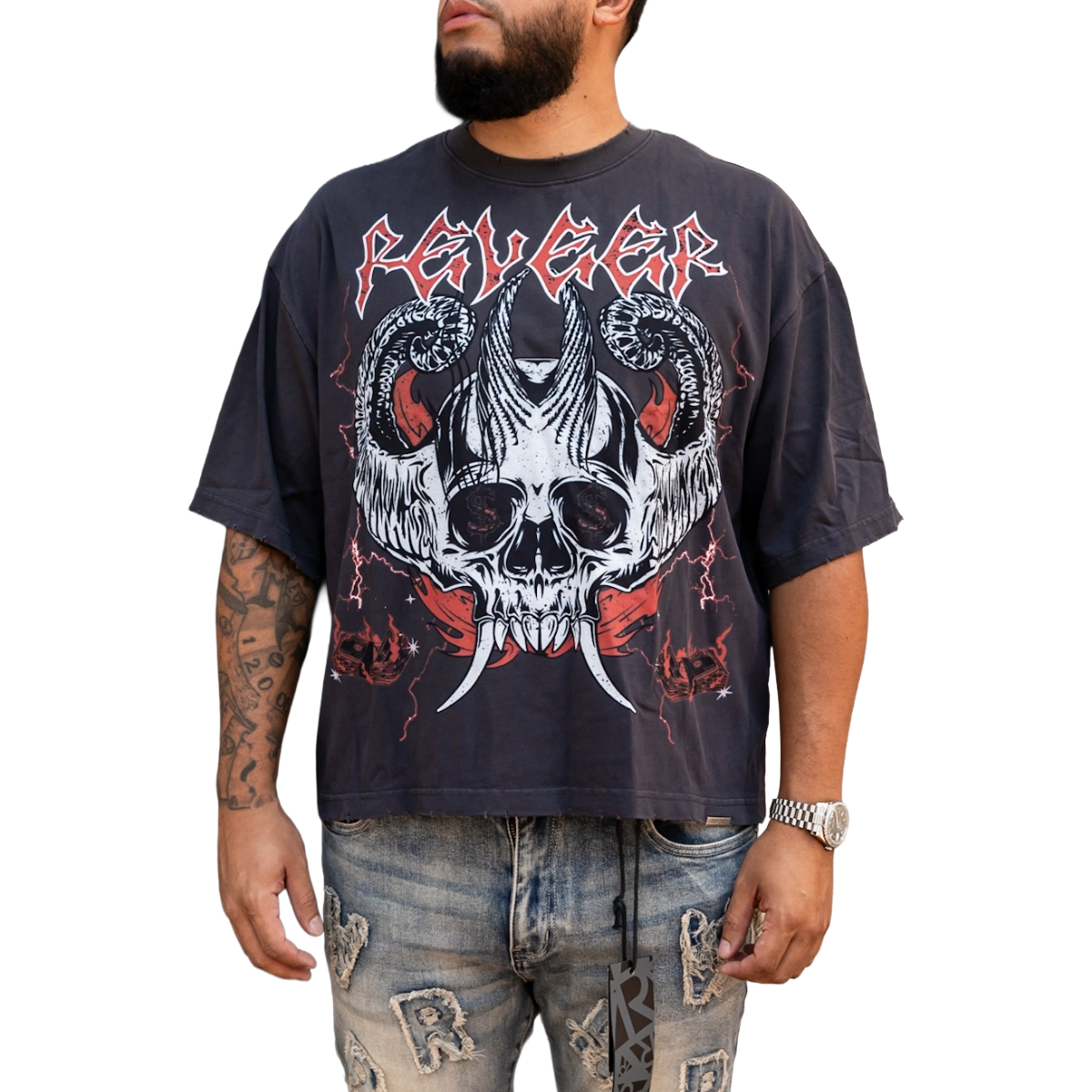 'SKULL' TEE - GREY/RED