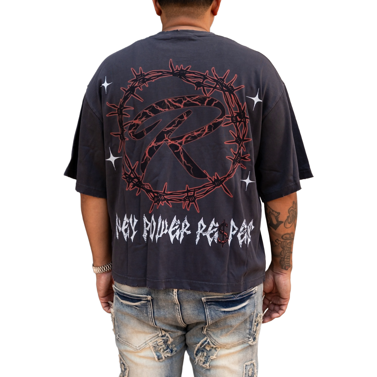 'SKULL' TEE - GREY/RED