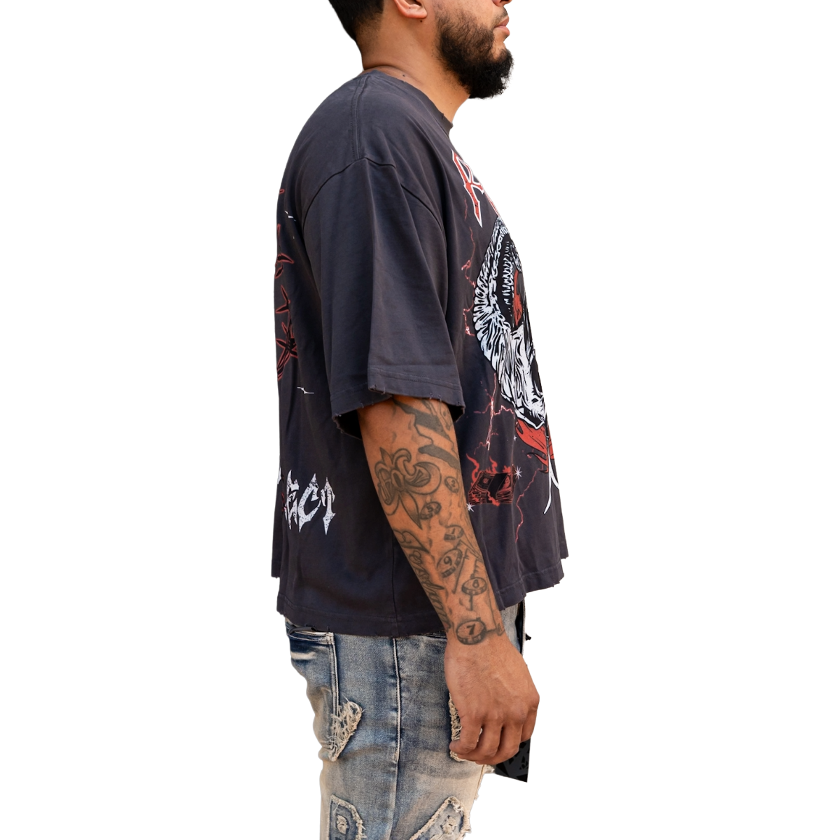 'SKULL' TEE - GREY/RED
