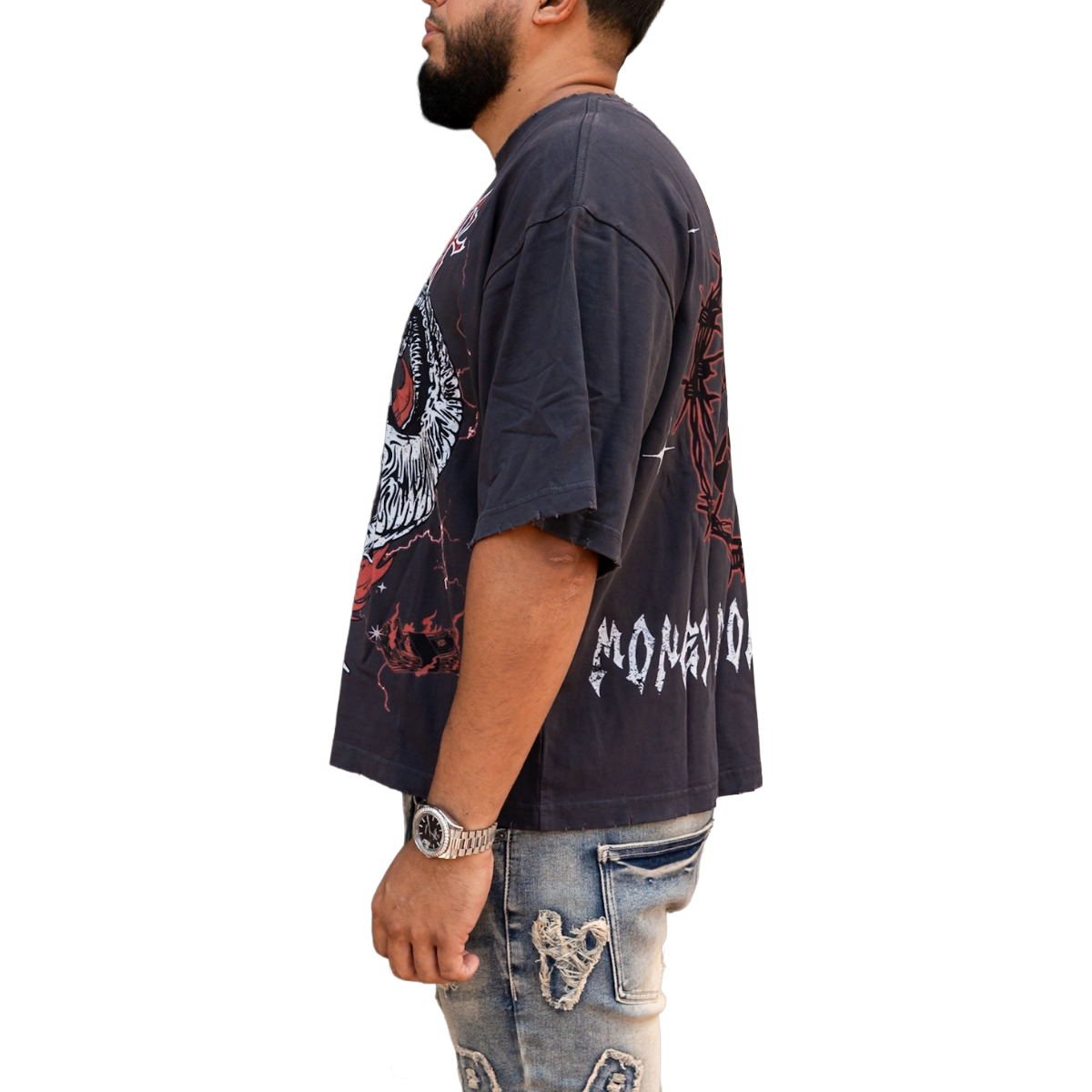 'SKULL' TEE - GREY/RED