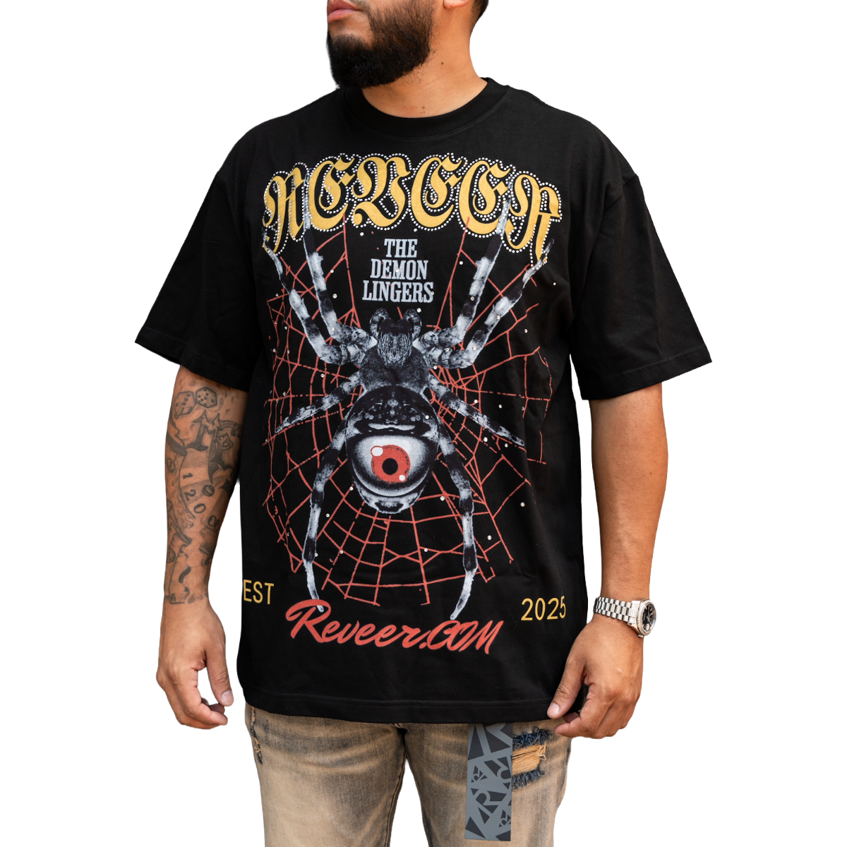 'SPIDER' RHINESTONE TEE - BLK/RED