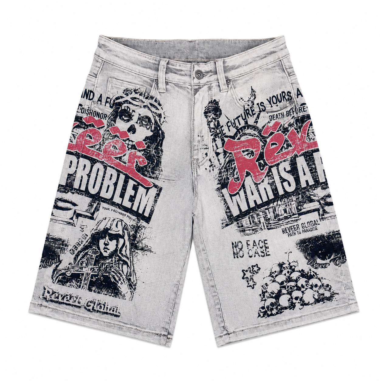 "WAR IS A PROBLEM" DENIM SHORTS
